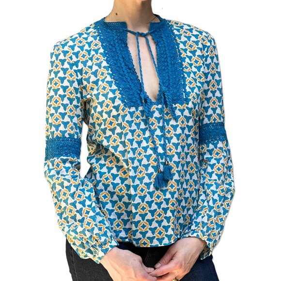 Tory Burch Geometric Print Blue Yellow Cotton Peasant Blouse Long Sleeves Size 6 - Picture 1 of 4